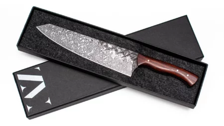 Handgeschmiedetes Kochmesser aus Damaszenerstahl mit 60Lagen und Holzgriff