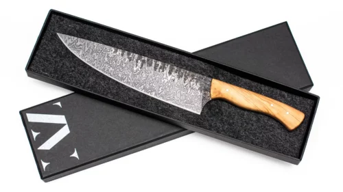 Handgeschmiedetes Kochmesser aus Damaszenerstahl mit 60Lagen und Holzgriff