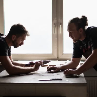 Das Bild zeigt die Inhaber, sie stellen Damast-Jagdmesser her.